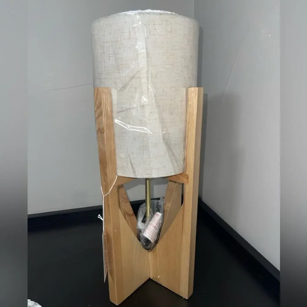 Anthony California Wood Cross Base Table Lamp Linen Shade NIB Mid Century Mod